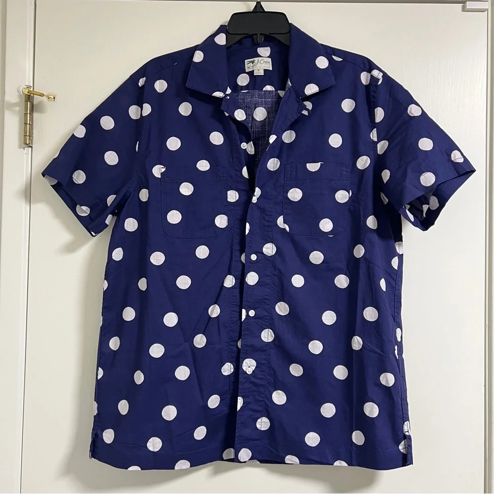 J.CREW Mens Short-sleeve Slub cotton camp collar shirt in Blue Polka Dot, Medium - Picture 3 of 12